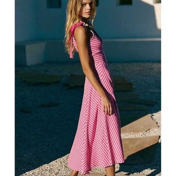 NWT Free People Pink Smocked Midi Dress with Tie-Straps sz M Coquette Boho Girly - Picture 9 of 16
